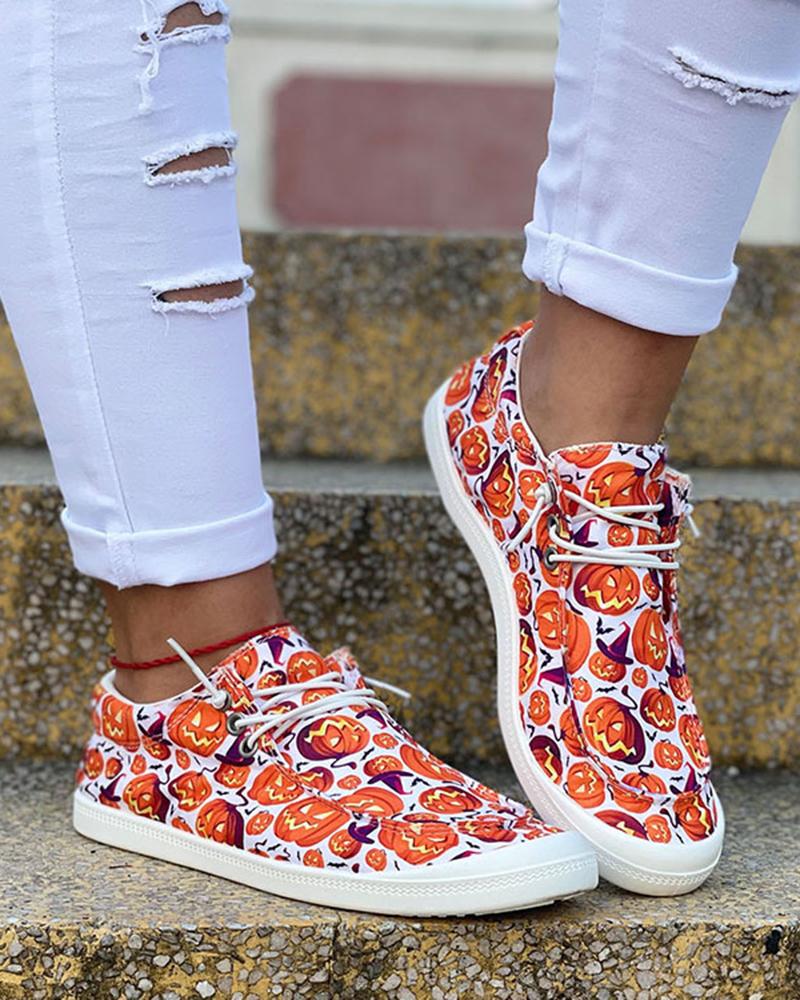 

Halloween Pumpkin Print Lace-up Slip On Canvas Shoes, Orange
