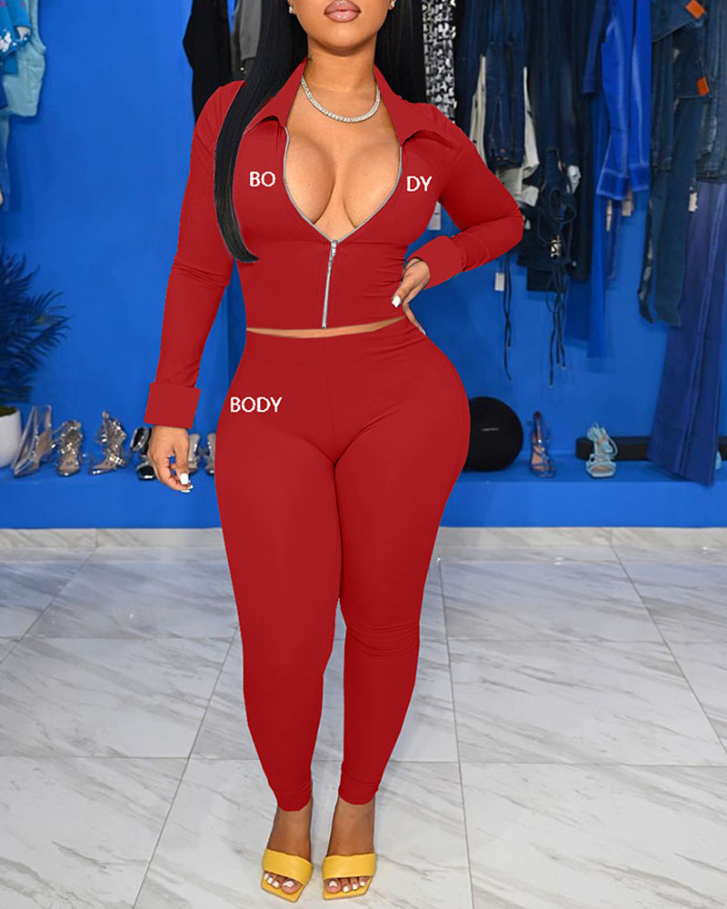 

Embroidery Letter Long Sleeve Zip Up Top & Pants Set, Red