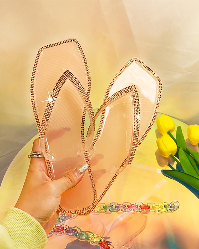 

Rhinestone Decor Square Toe Flip Flops, Nude