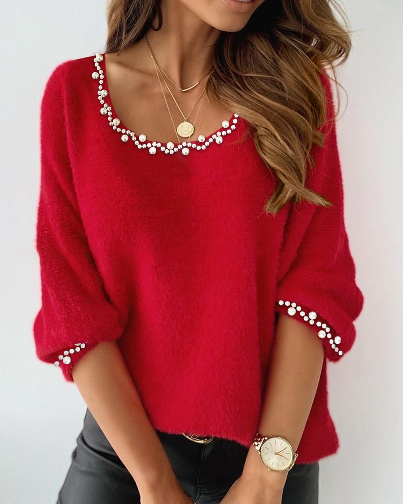 

U-Neck Long Sleeve Beaded Top, Red