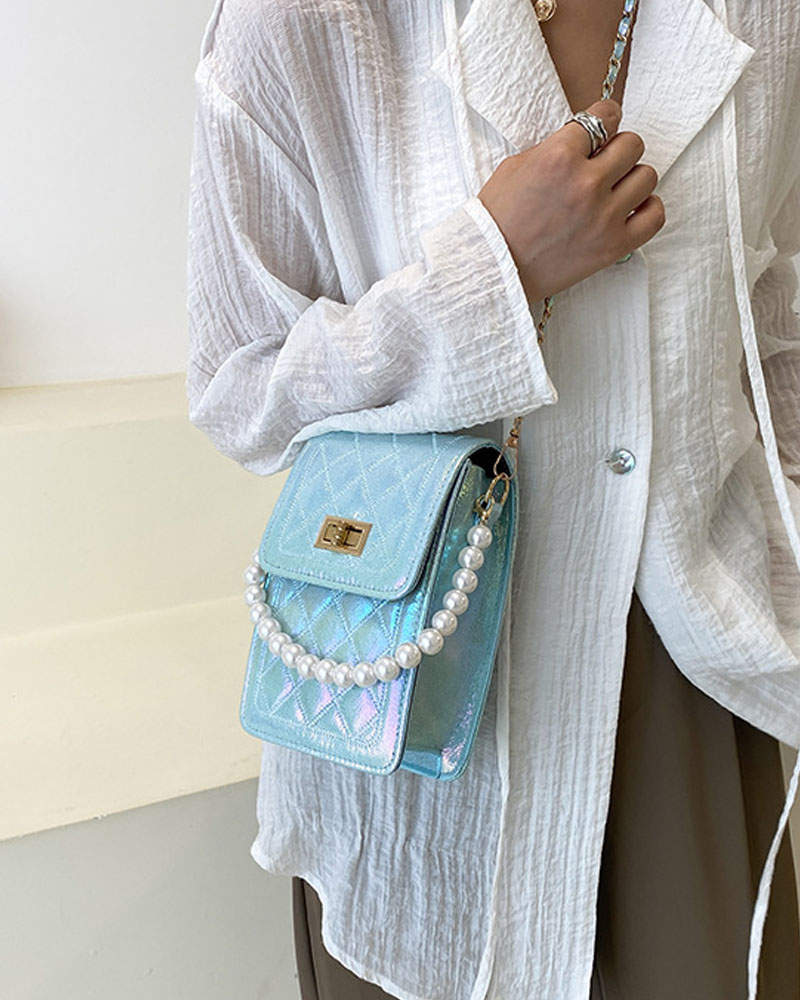 

Quilted Twist Lock Flap Shoulder Bag With Pearls Decor Handle, Blue