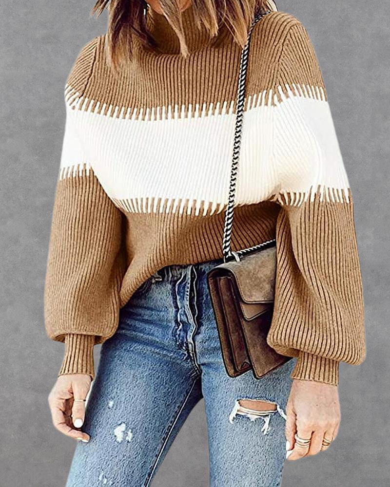 

Colorblock Ribbed High Neck Sweater, Khaki