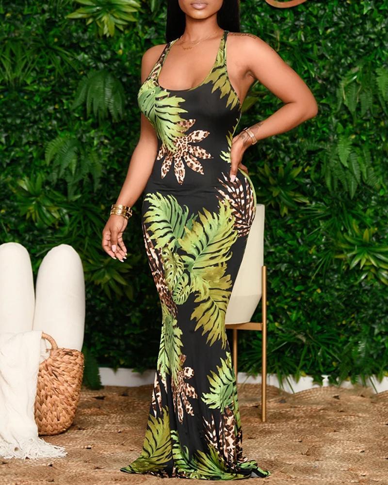 

Cheetah Graphic / Tropical Print Backless Mermaid Dress, Black