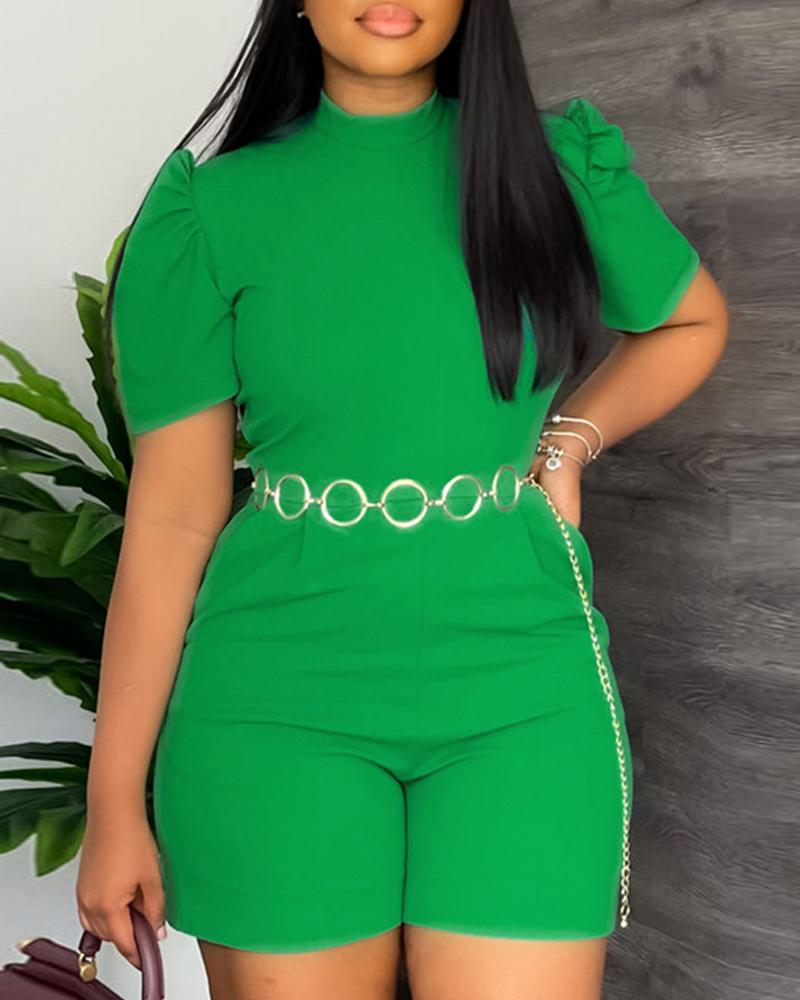 

Puff Sleeve Pocket Design Romper With Waist Chain, Green