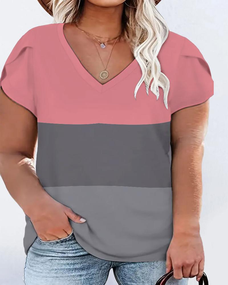 

Plus Size Colorblock Petal Sleeve V-Neck T-Shirt, Pink