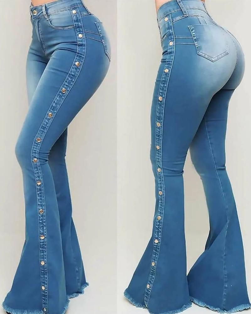 

High Waist Button Decor Fringe Hem Bootcut Jeans, Blue