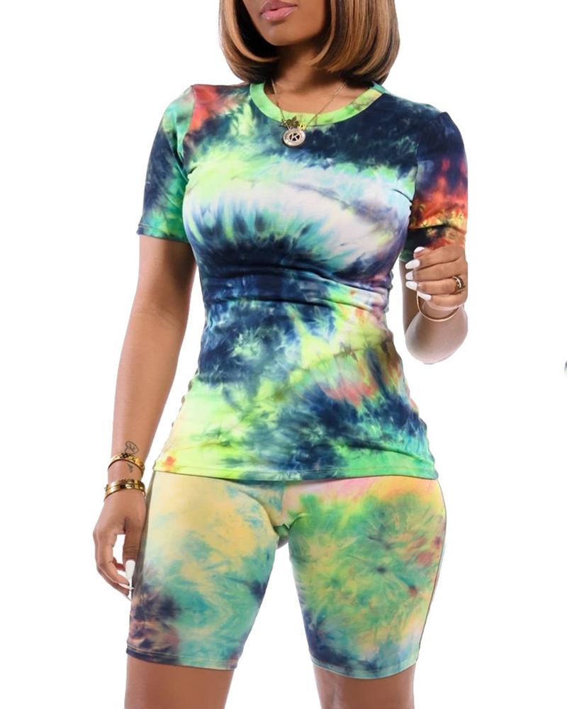 

Print Short Sleeve Casual Top & Shorts Set, Green