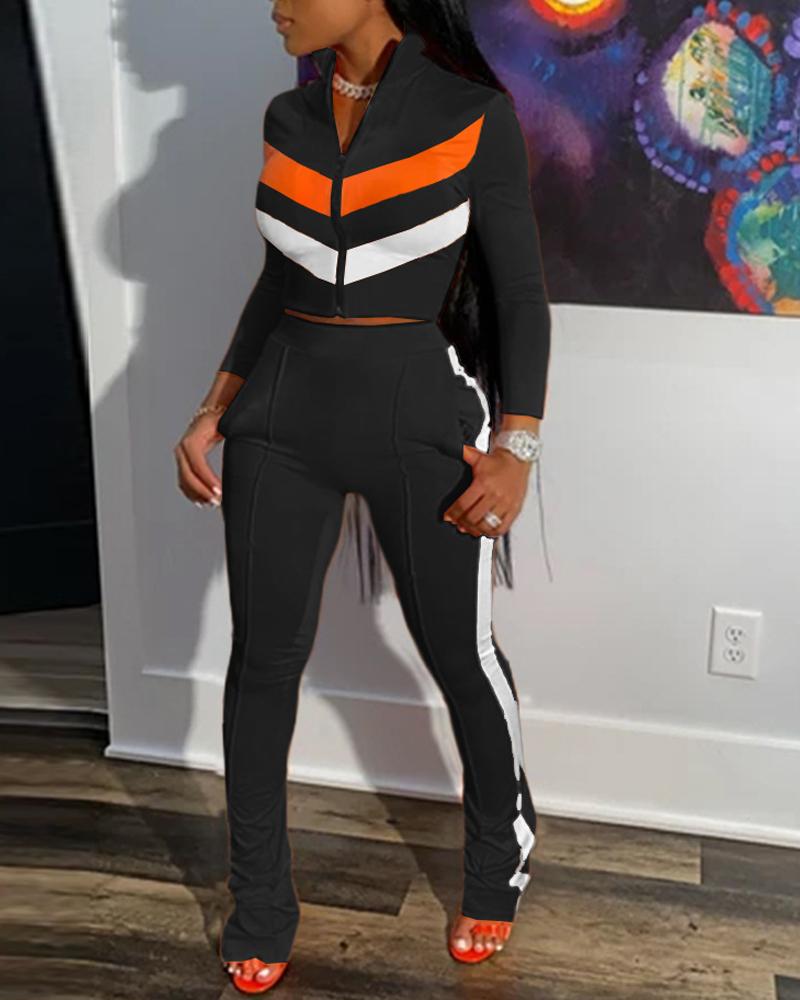 

Contrast Paneled Long Sleeve Zip Up Top & Pants Set, Black