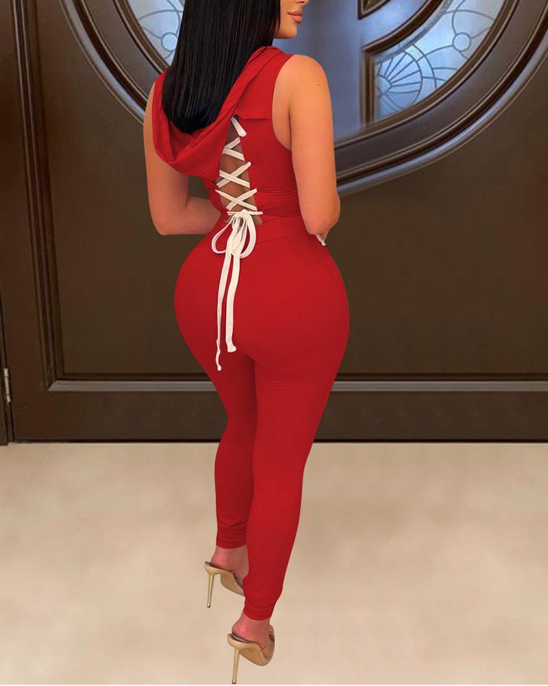 

Lace-up Back Sleeveless Hooded Jumpsuit, Red