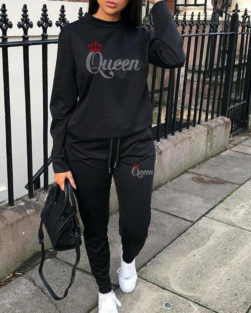 

Plus Size Rhinestone Letter Pattern Sweatshirt & Drawstring Pants Set, Black