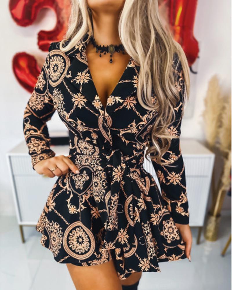 

Baroque Print Notched Collar Tied Detail Mini Dress, Black