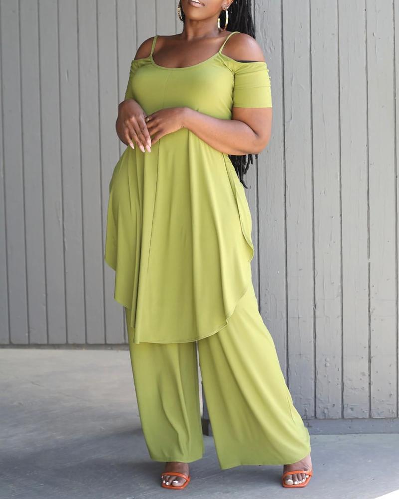 

Cold Shoulder Split Hem Top & Wide Leg Pants Set, Green
