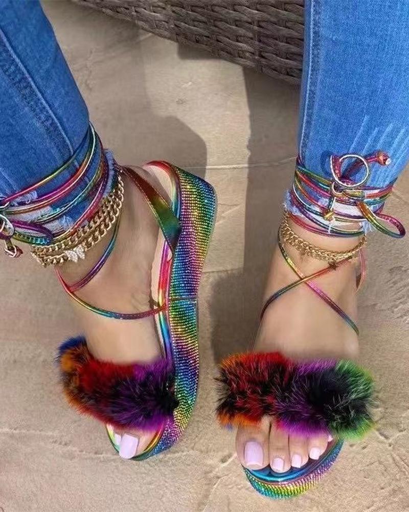 

Multicolor Fluffy Upper Strappy Flat Sandals