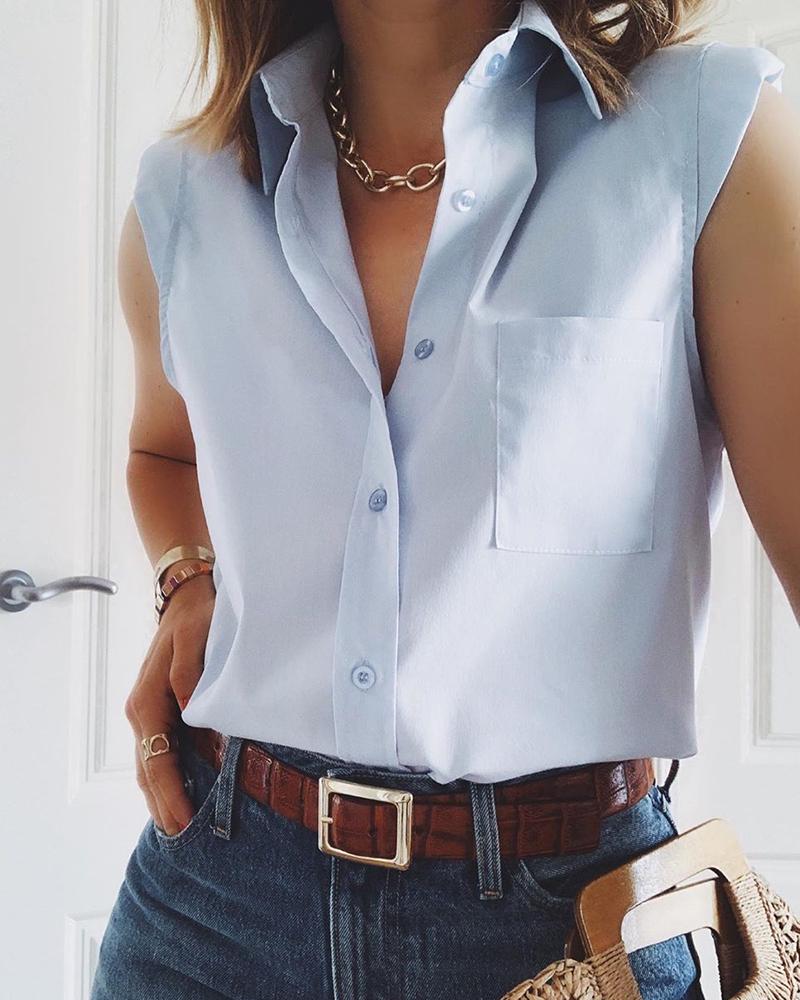 

Buttoned Pocket Design Sleeveless Casual Shirt, Blue
