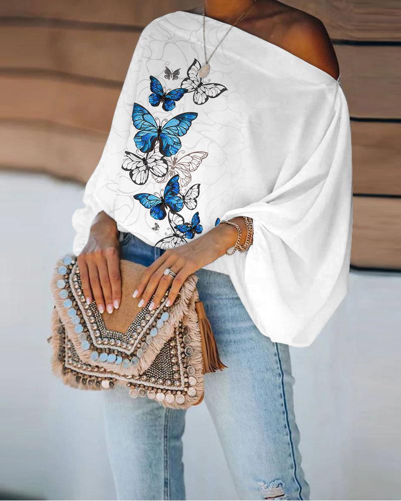 

Butterfly Print Skew Neck Lantern Sleeve Top, White