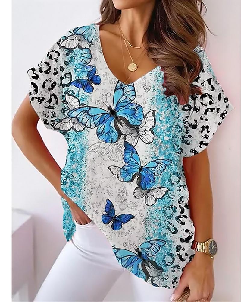 

Contrast Leopard Butterfly Print Top, Blue