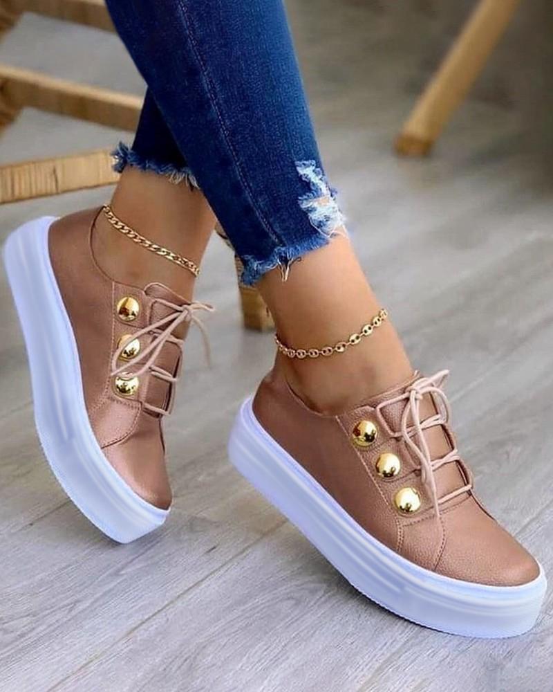 

Button Decor Lace-up Sneakers, Rose gold