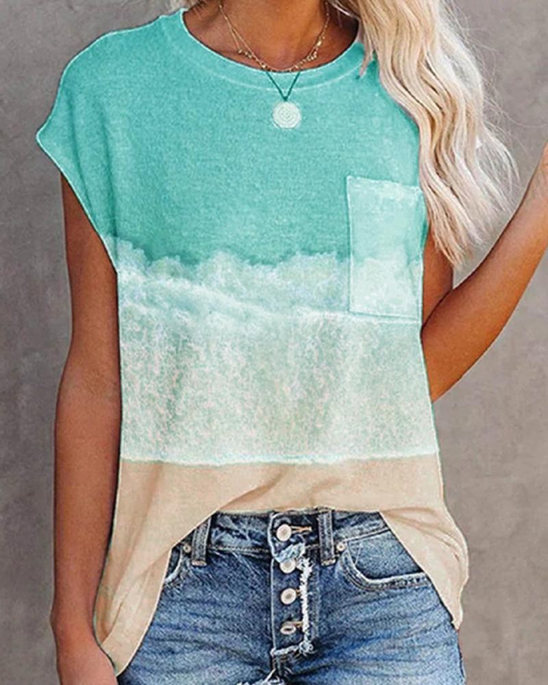 

Round Neck Short Sleeve Landscape Print T-shirt, Lighted blue