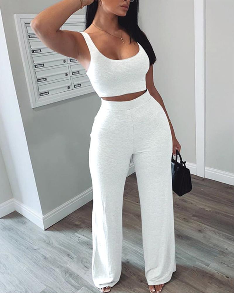 

Solid Color Vacation Casual / Daily Two Piece Set Tank Top Crop Tracksuit Pant Loungewear Tops, White