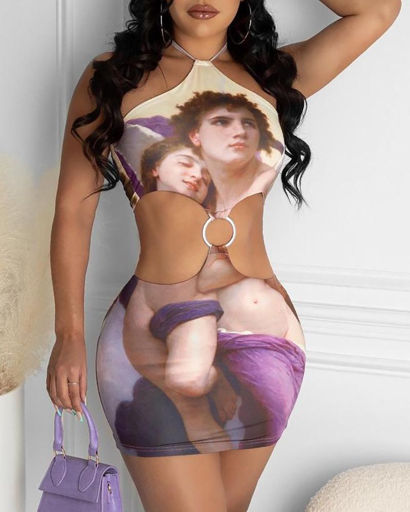 

Halter O-Ring Cutout Graphic Print Party Dress, Purple