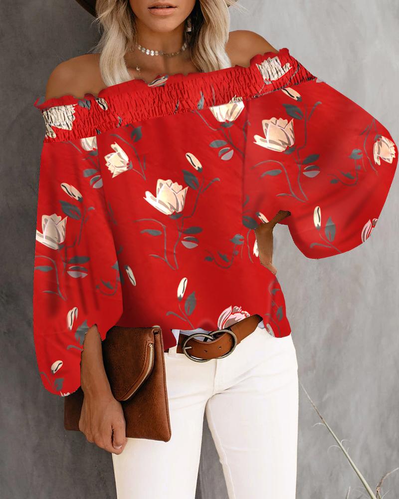 

Off Shoulder Floral Print Long Sleeve Blouse, Red