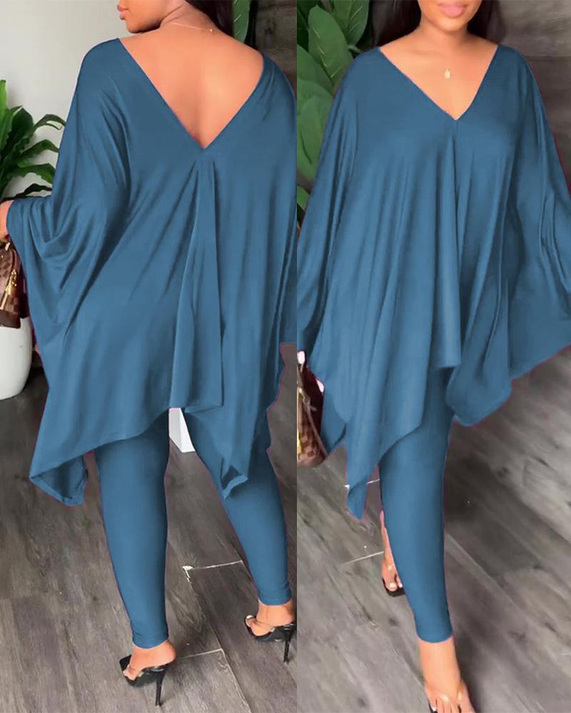 

V-Neck Batwing Sleeve Ruched Top & Pants Set, Blue
