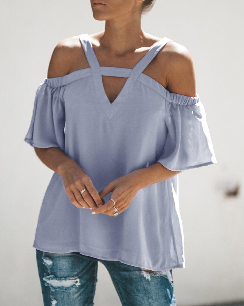 

Cold Shoulder Cutout Front Bell Sleeve T-shirt, Gray