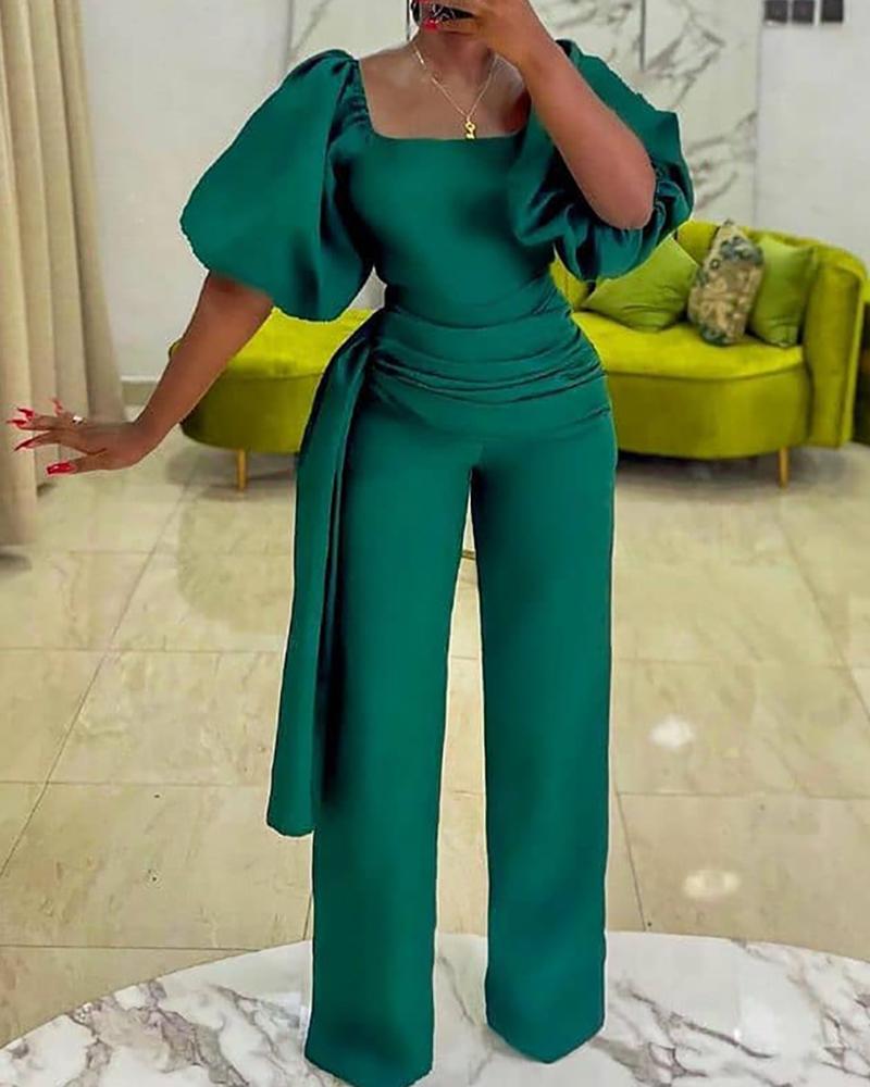 

Puff Sleeve Ruched Tie Decor Wide Leg Jumpsuit, Green