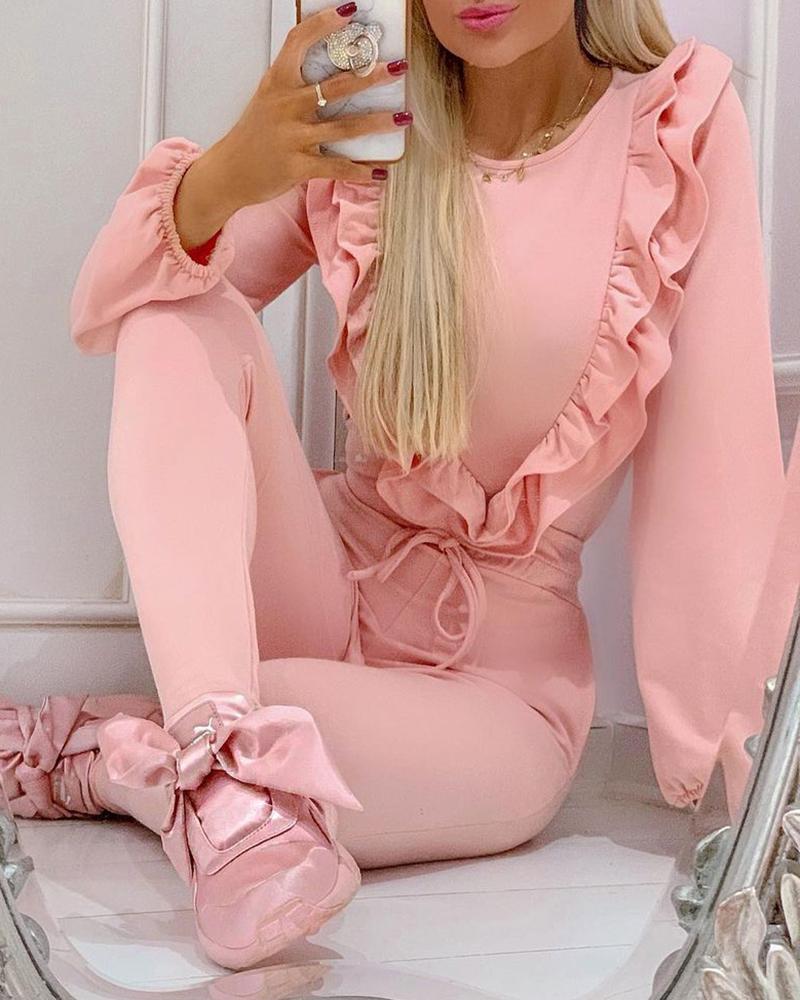 

Long Sleeve Ruffle Hem Top & Drawstring Pants Set, Pink