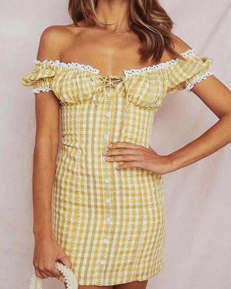

Off Shoulder Lace Trim Plaid Dress, Yellow