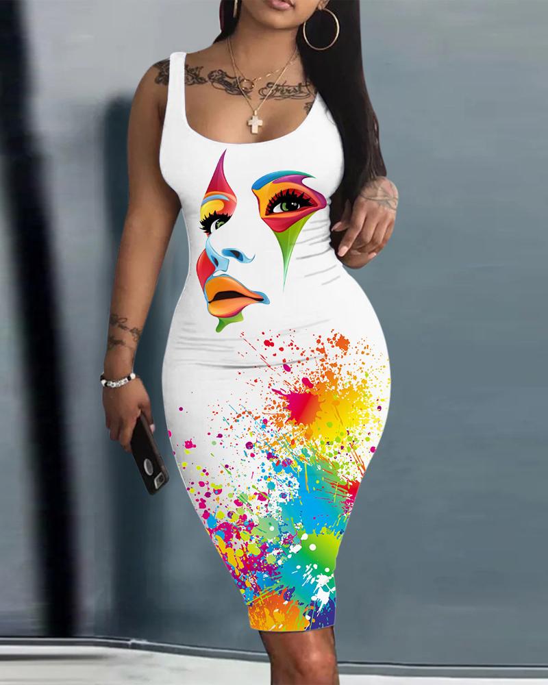 

Figure Ink Splash Print Sleeveless Bodycon Dress, White