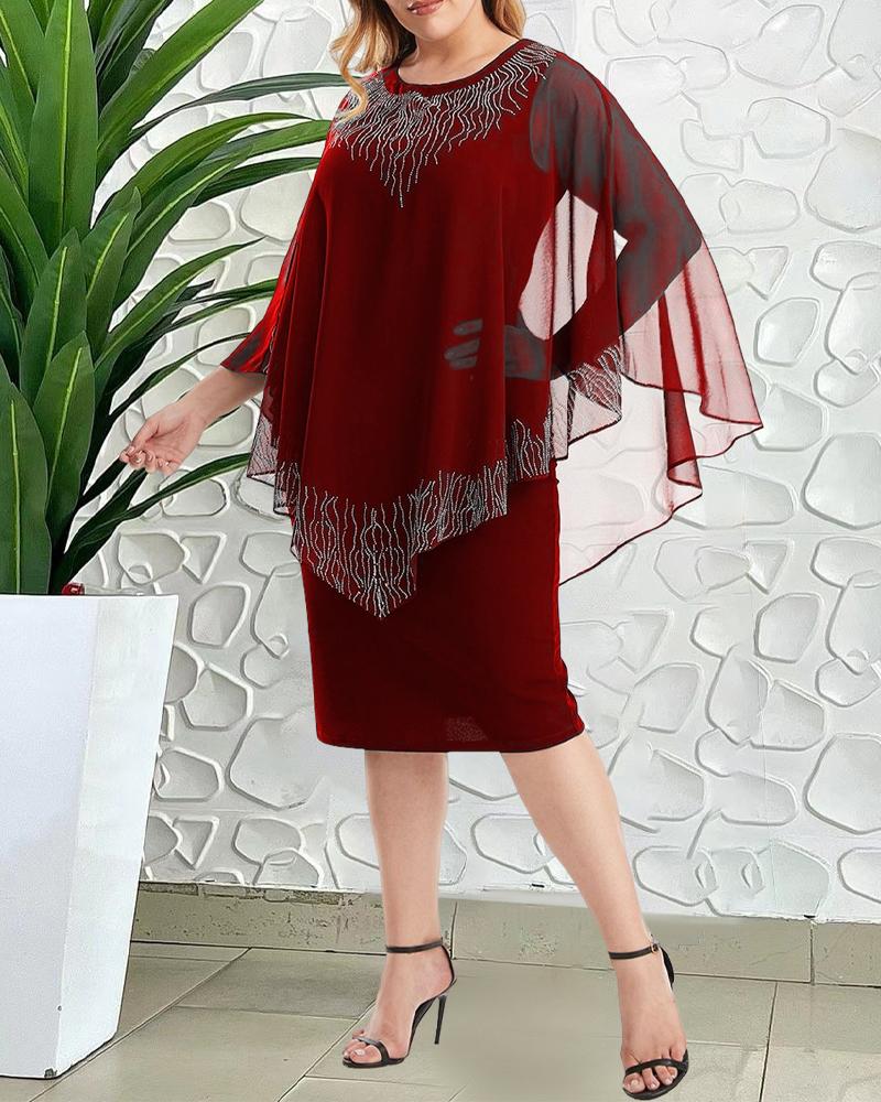 

Plus Size Rhinestone Sheer Mesh Cloak Design Midi Dress, Wine red