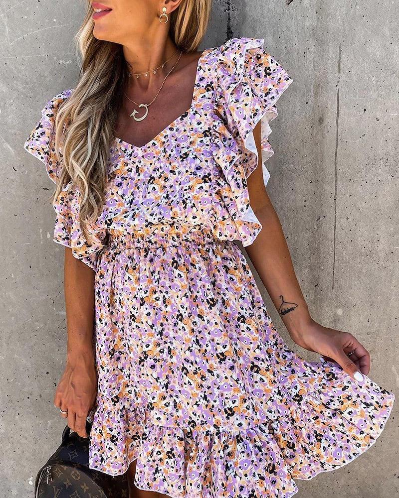 

Ditsy Floral Print Ruffle Hem Dress, Purple