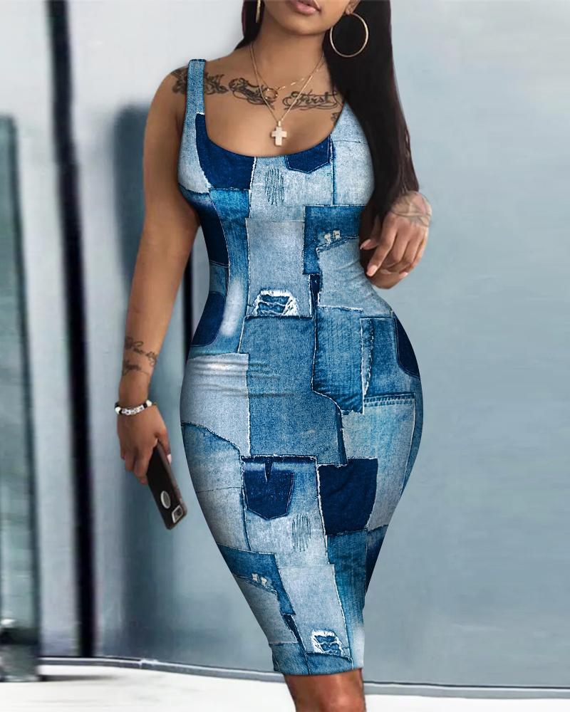 Denim Look Print Sleeveless U-Neck Bodycon Dress