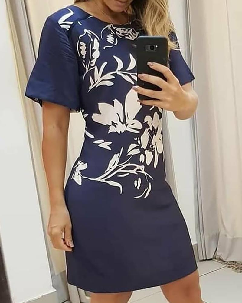 

Floral Print Short Sleeve Casual Dress, Dark blue
