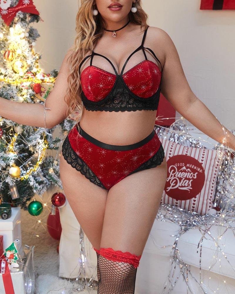 

Plus Size Christmas Rhinestone Contrast Lace Lingerie Set, Red