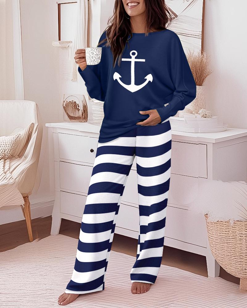 

Conjunto de pijama con top de cuello redondo y mangas murciélago con estampado de ancla y pantalón informal a rayas, Purplish blue