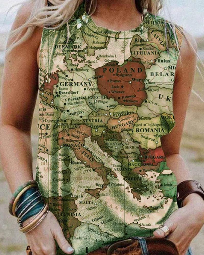 

Sleeveless Map Print Casual Tank Top, Khaki