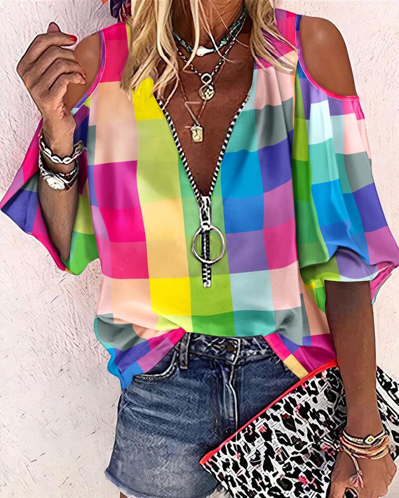 

Colorblock Plaid Print Zip Front Cold Shoulder Top, Multicolor