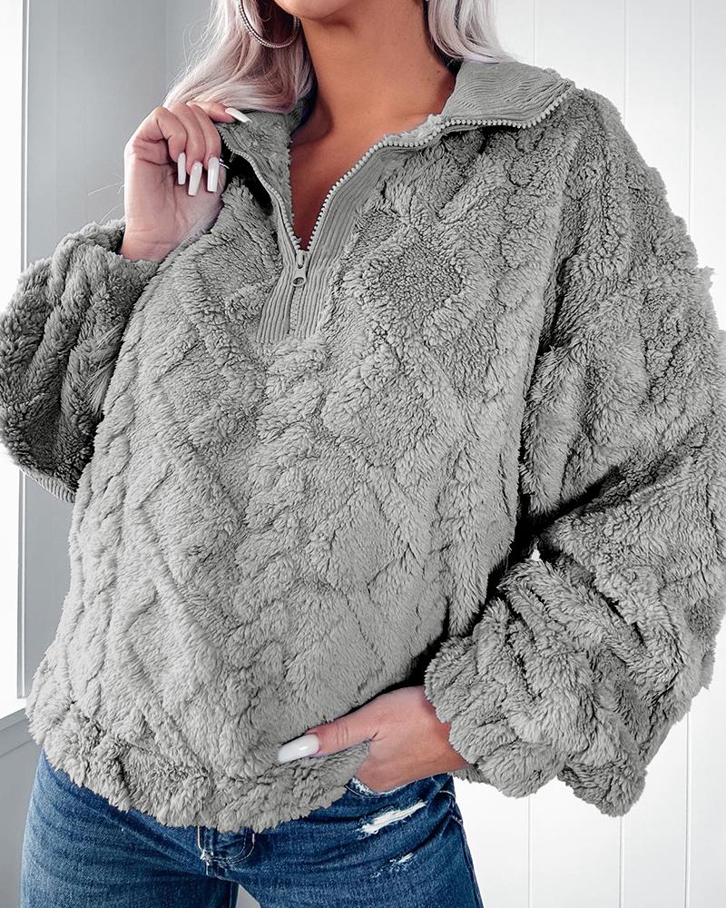 

Argyle Pattern Zipper Design Fuzzy Sweatshirt, Gray