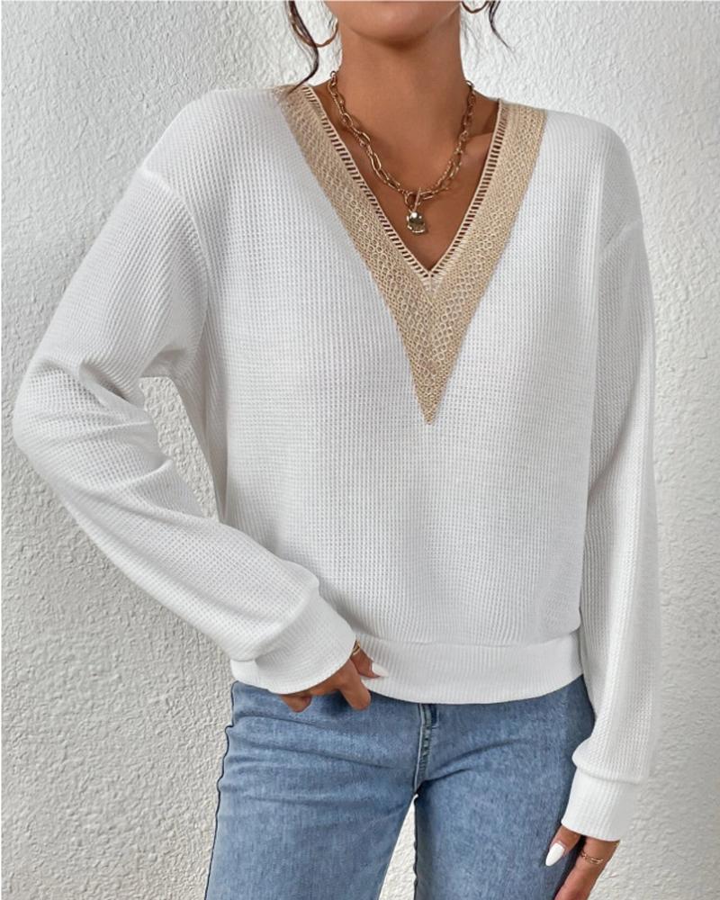 

Lace Patch V-Neck Long Sleeve Top, White
