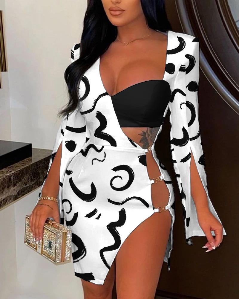 

Abstract Print Asymmetrical Neck High Slit Party Dress, White