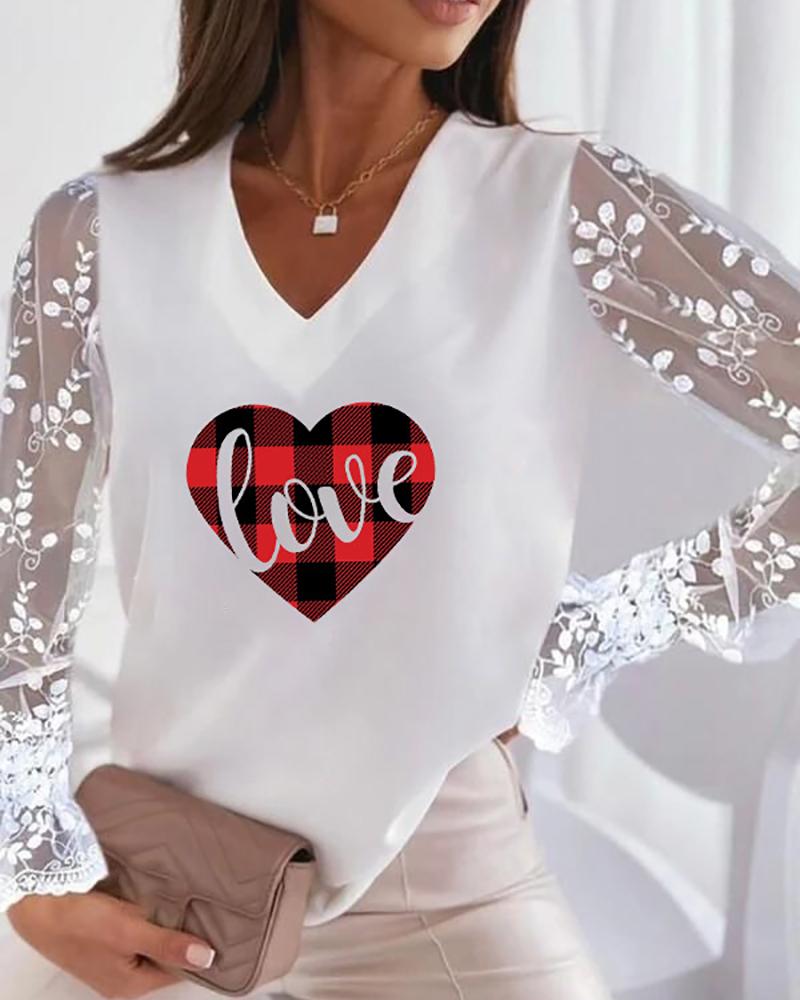 

V-Neck Lace Long Sleeve Letter Heart Print Top, White