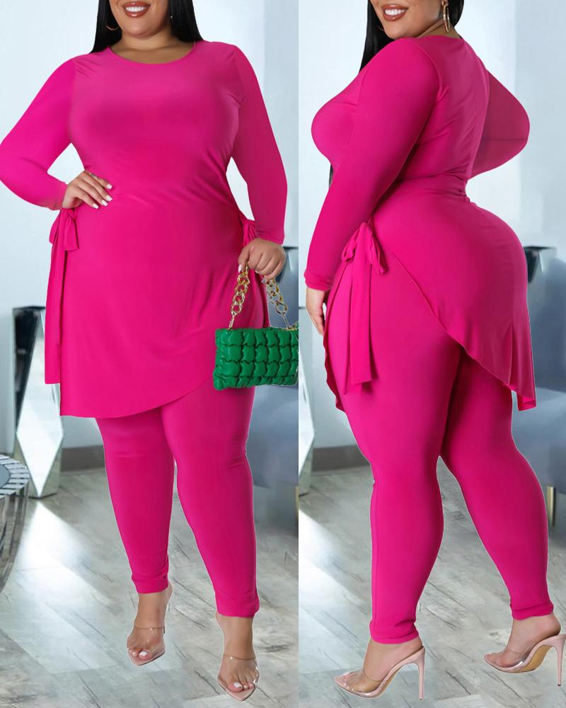 

Plus Size Tied Detail Asymmetrical Hem Top & Pants Set, Hot pink