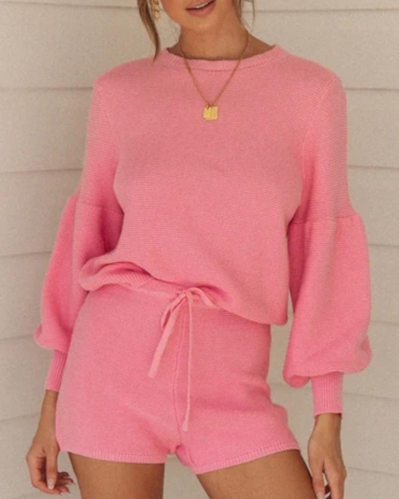 

Solid Lantern Sleeve Knit Top & Shorts Sets, Pink