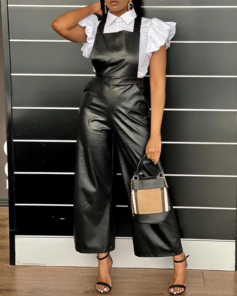 

PU Leather Wide Leg Suspender Jumpsuit, Black