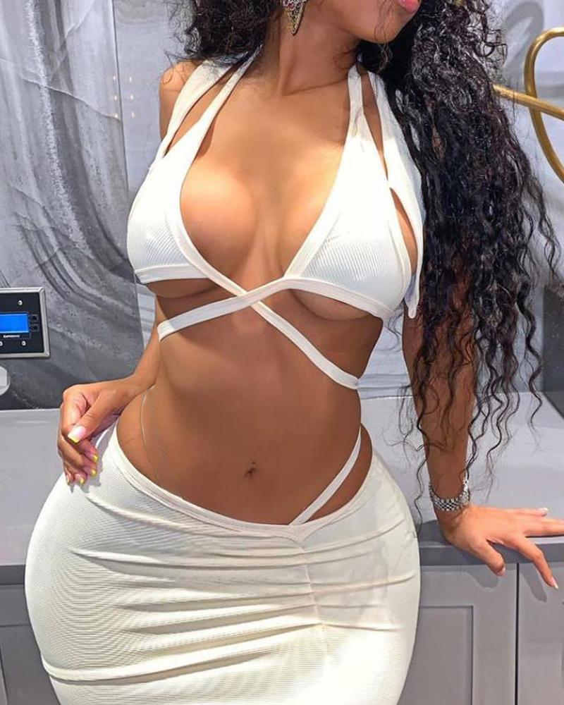 

Halter Backless Top & Cutout Ruched Skirt Set, White