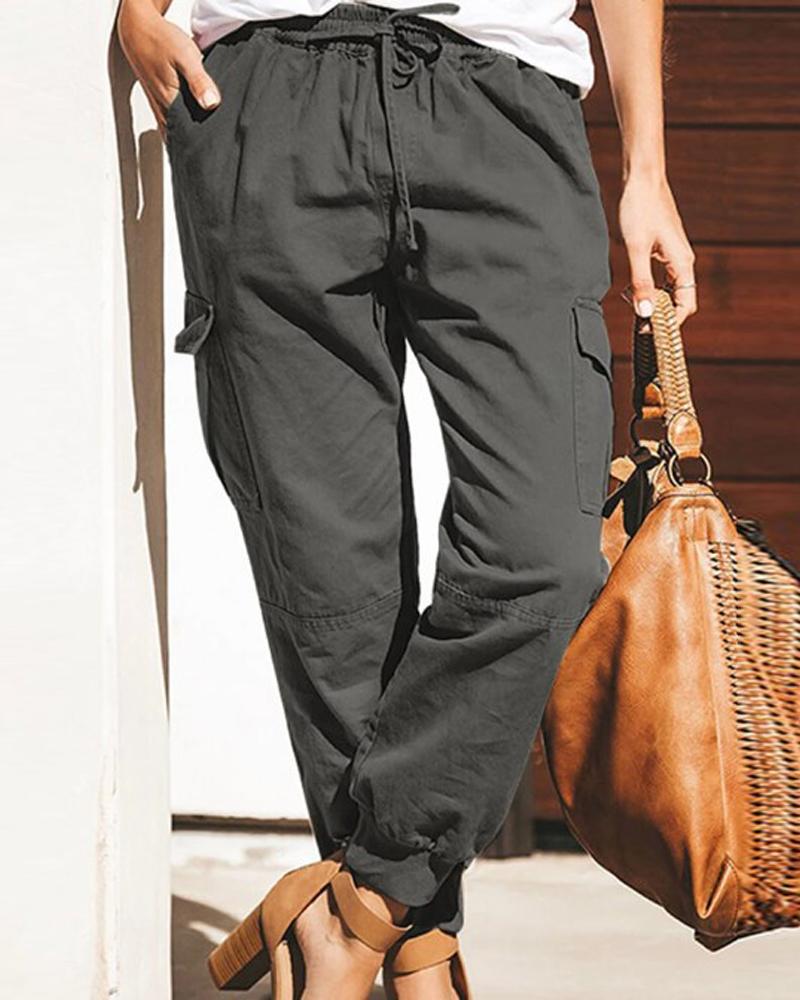 

Pocket Detail Drawstring Cargo Pants, Gray