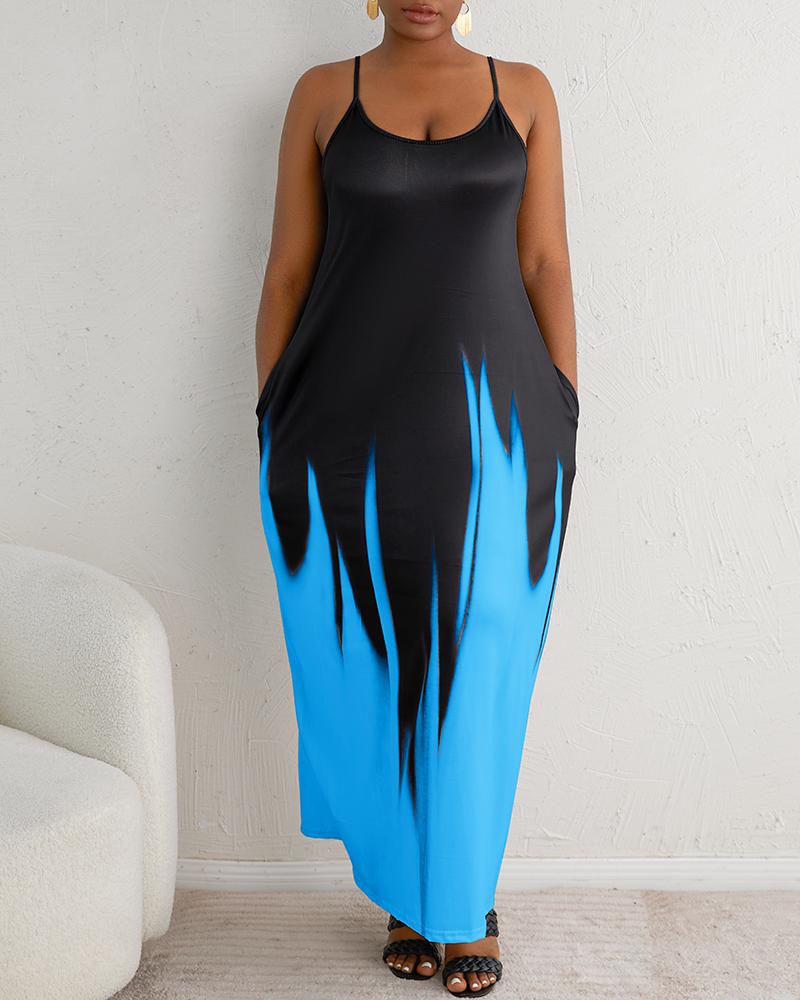 

Abstract Print Colorblock Pocket Design Maxi Dress, Lighted blue