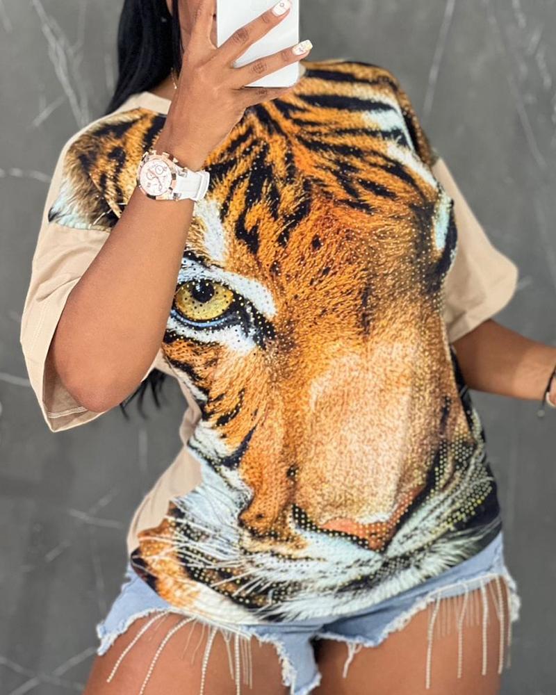 

Tiger Print Short Sleeve Casual T-shirt, Apricot